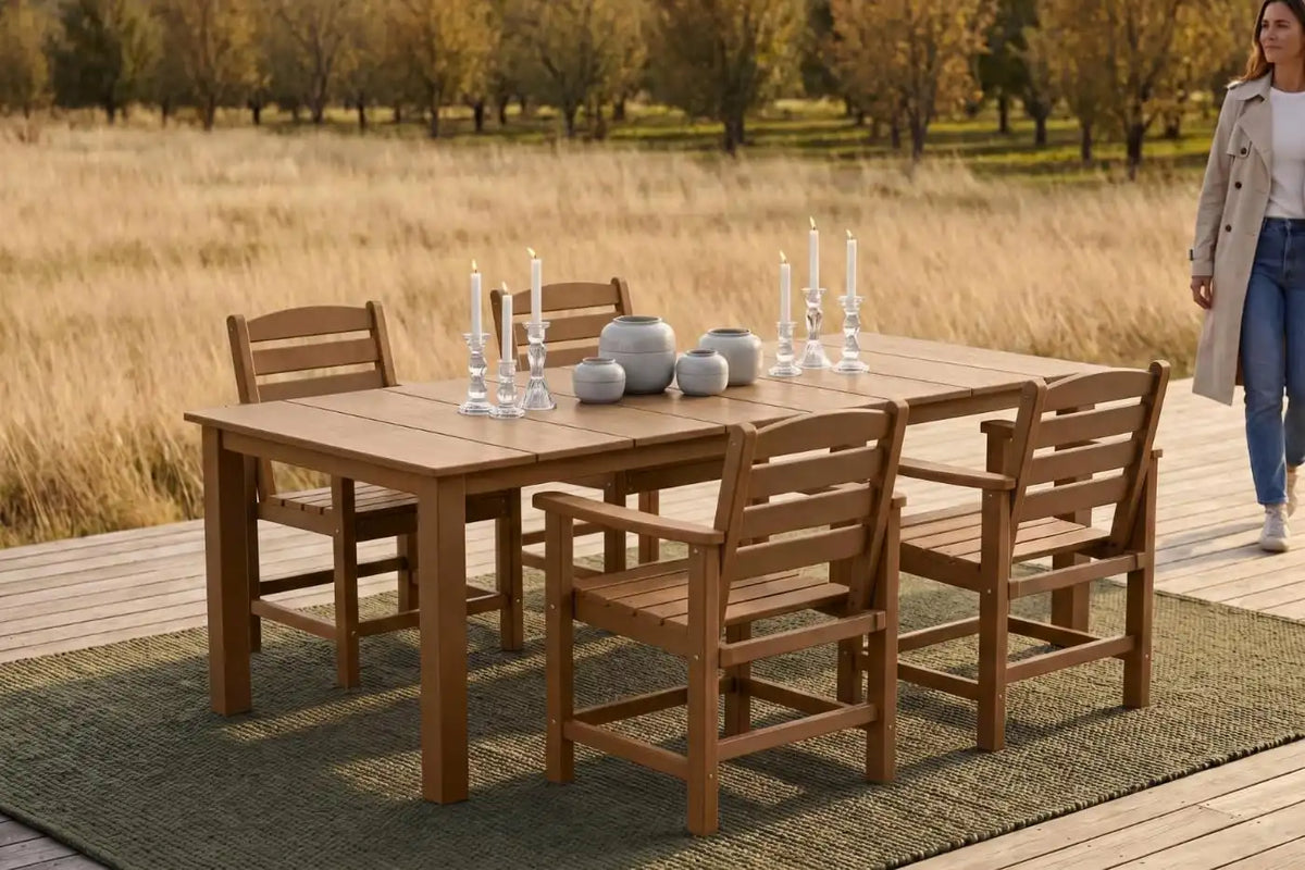 Perli™ 5-Piece Outdoor Dining Set, All-Weather HDPE Patio Furniture with 4 Armrest Chairs and Rectangular Table, UV-Resistant 4-Person Set for Deck, Backyard, Brown