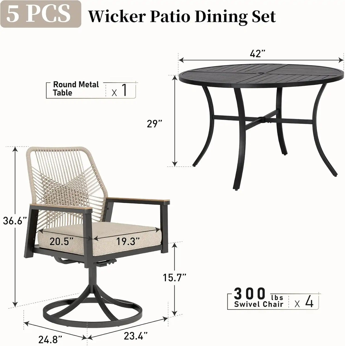 SUNSHINE VALLEY 5pc Patio Dining Set, 42" Round Table & 4 Swivel Chairs