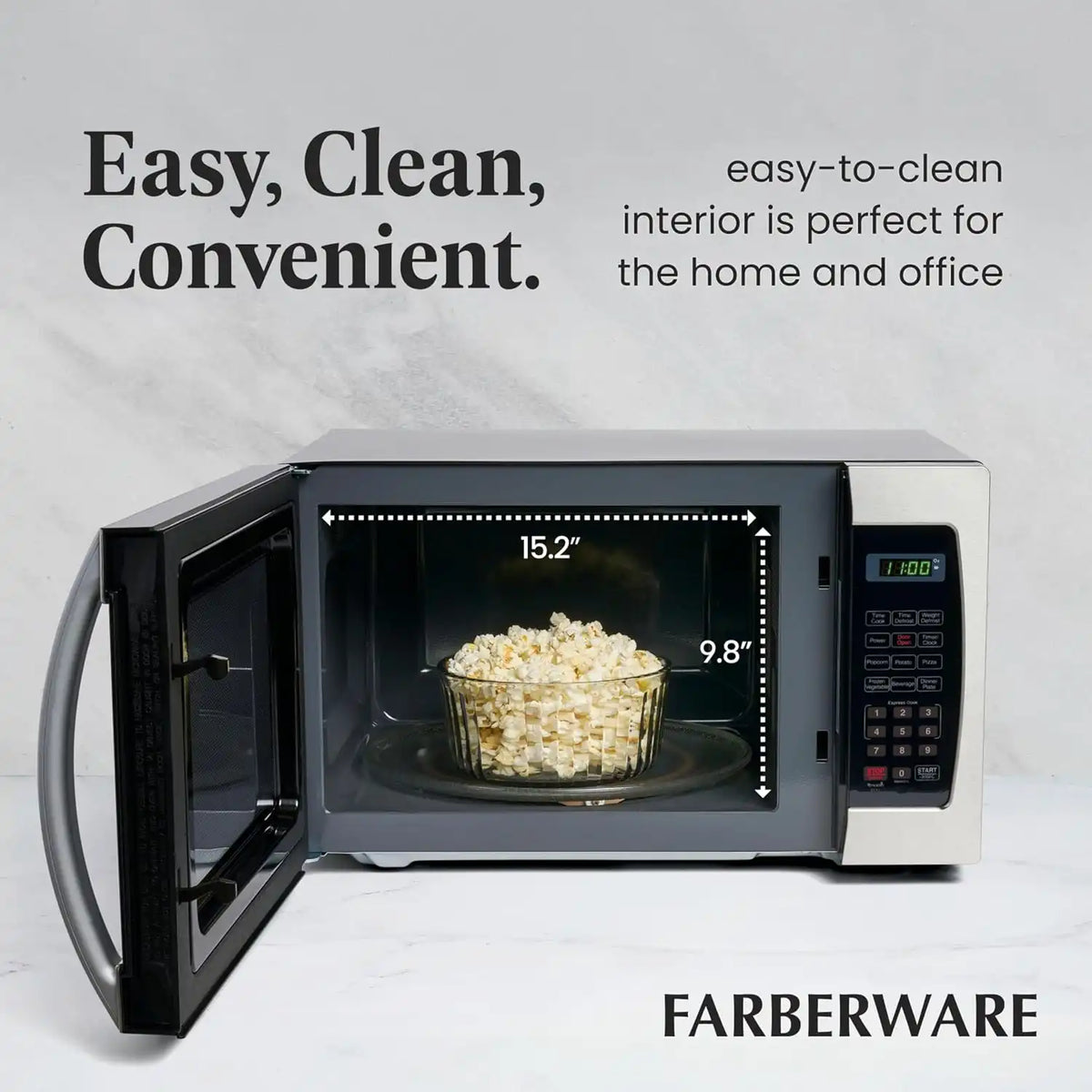 Farberware 1.3 Cu. Ft. Countertop Microwave Oven – 1000 Watts Power, Auto Cook Settings, Defrost, Easy Clean and Child Safety Lock - Stainless