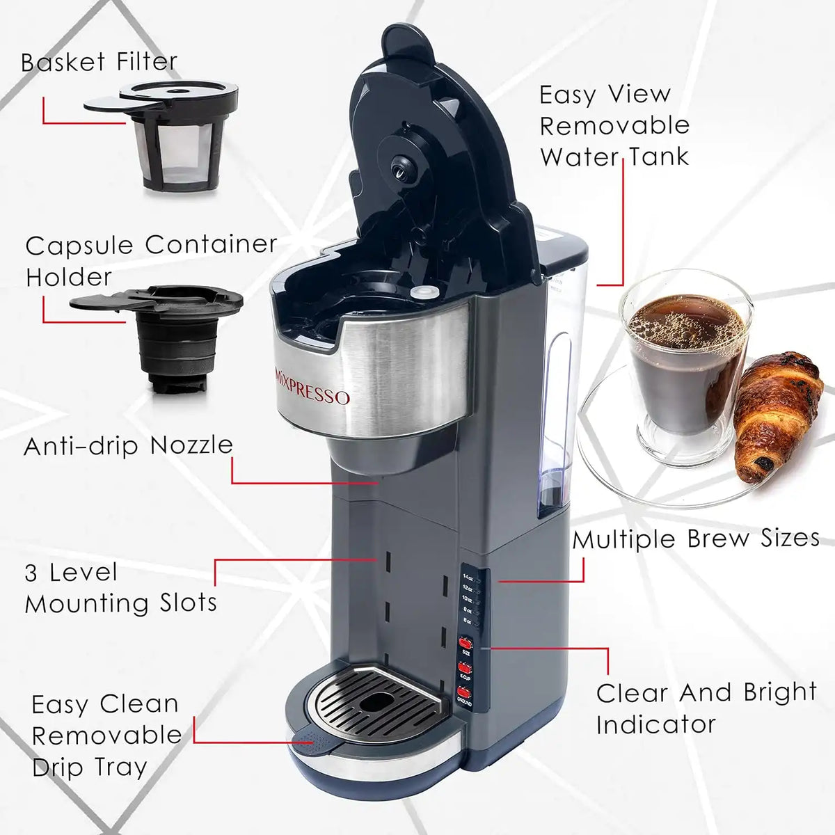 Mixpresso Gray Single Serve Coffee Brewer K-Cup Pods Compatible & Ground