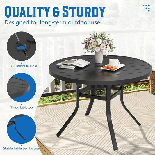 SUNCROWN 6 - Piece Outdoor Dining Set, Patio Furniture Set with 4 Textilene Dinning Chairs, 41" Metal Round Table and 1 Sky Blue 9Ft Patio Umbrella for Lawn Garden Backyard Deck, Black