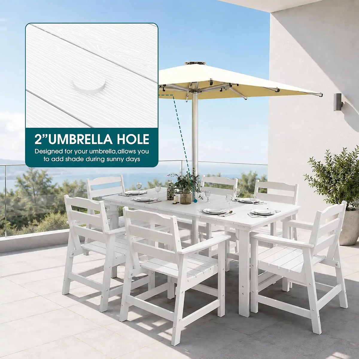 THOEOE 7 Pieces Outdoor Table and Chairs, 70" HDPE Dining Set for 6, White