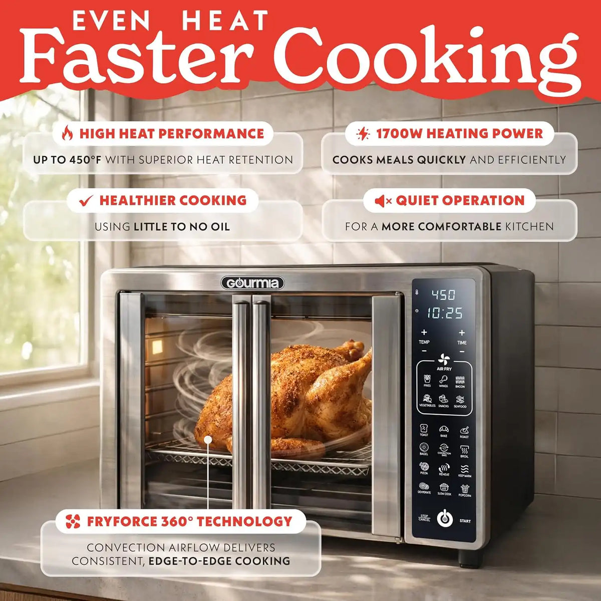 Gourmia Toaster Oven - 6-Slice Capacity, Digital Display, Stainless Steel