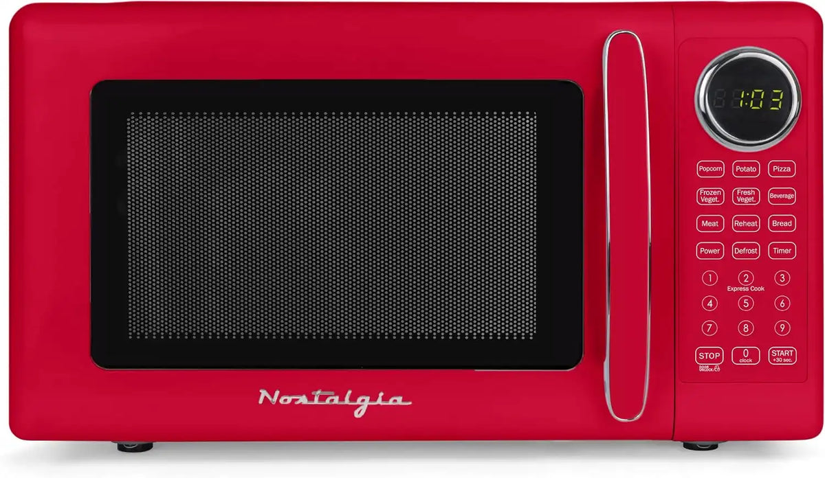 Nostalgia Modern Retro Compact Countertop Microwave Oven - 0.7 Cu. Ft. - 700-Watts with LED Digital Display - Child Lock - Easy Clean Interior - Red