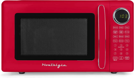 Nostalgia Modern Retro Compact Countertop Microwave Oven - 0.7 Cu. Ft. - 700-Watts with LED Digital Display - Child Lock - Easy Clean Interior - Red