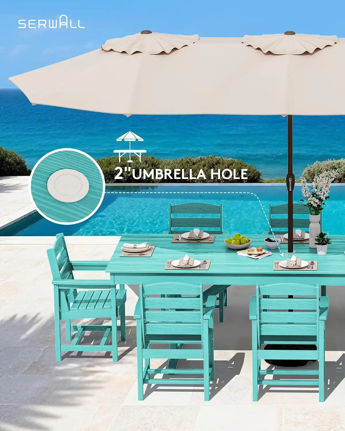 SERWALL Outdoor 84" HDPE Rectangular Dining Table for 6-8,All-Weather,Aruba