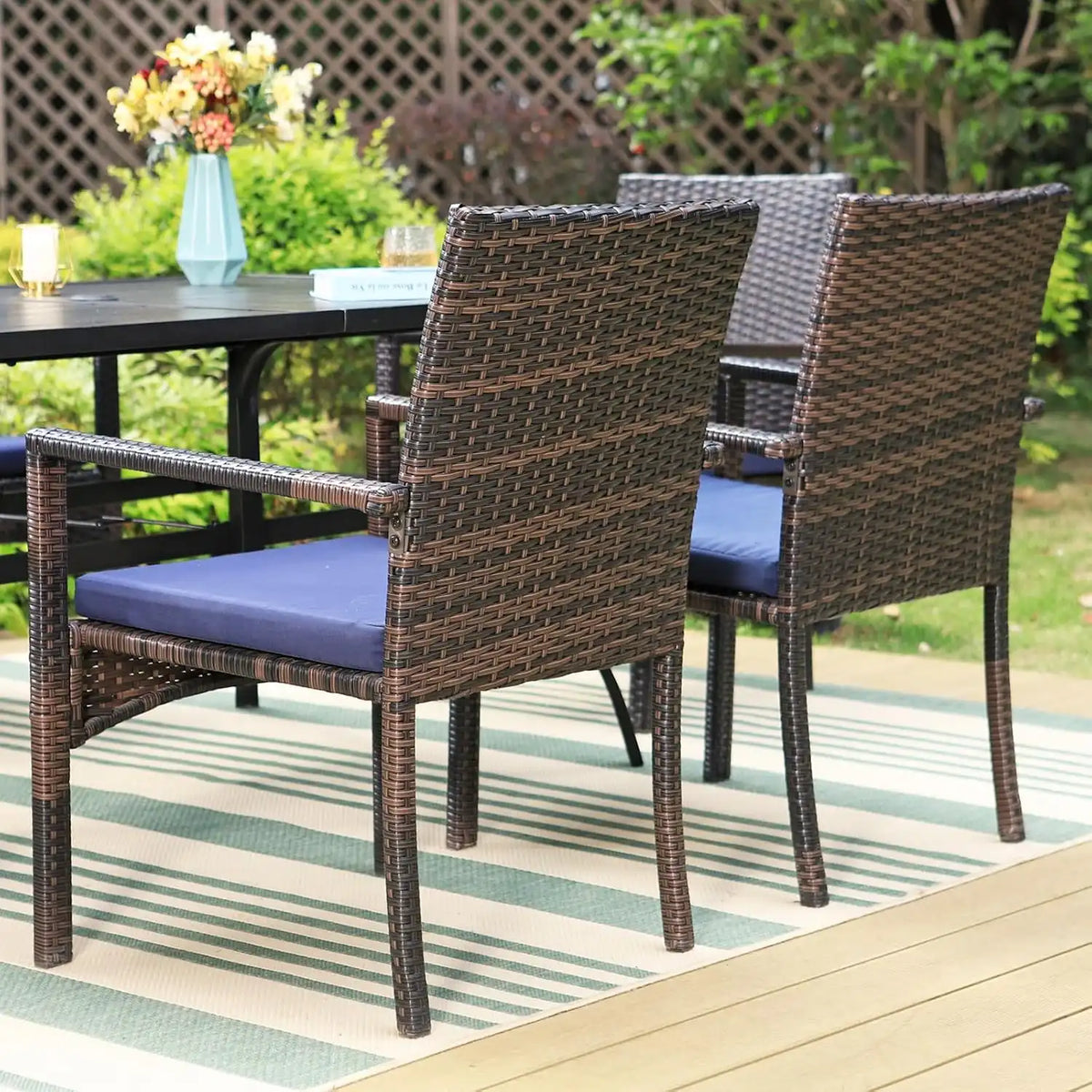Sophia & William 7pc Patio Dining Set with Red Umbrella, 6 Rattan Chairs
