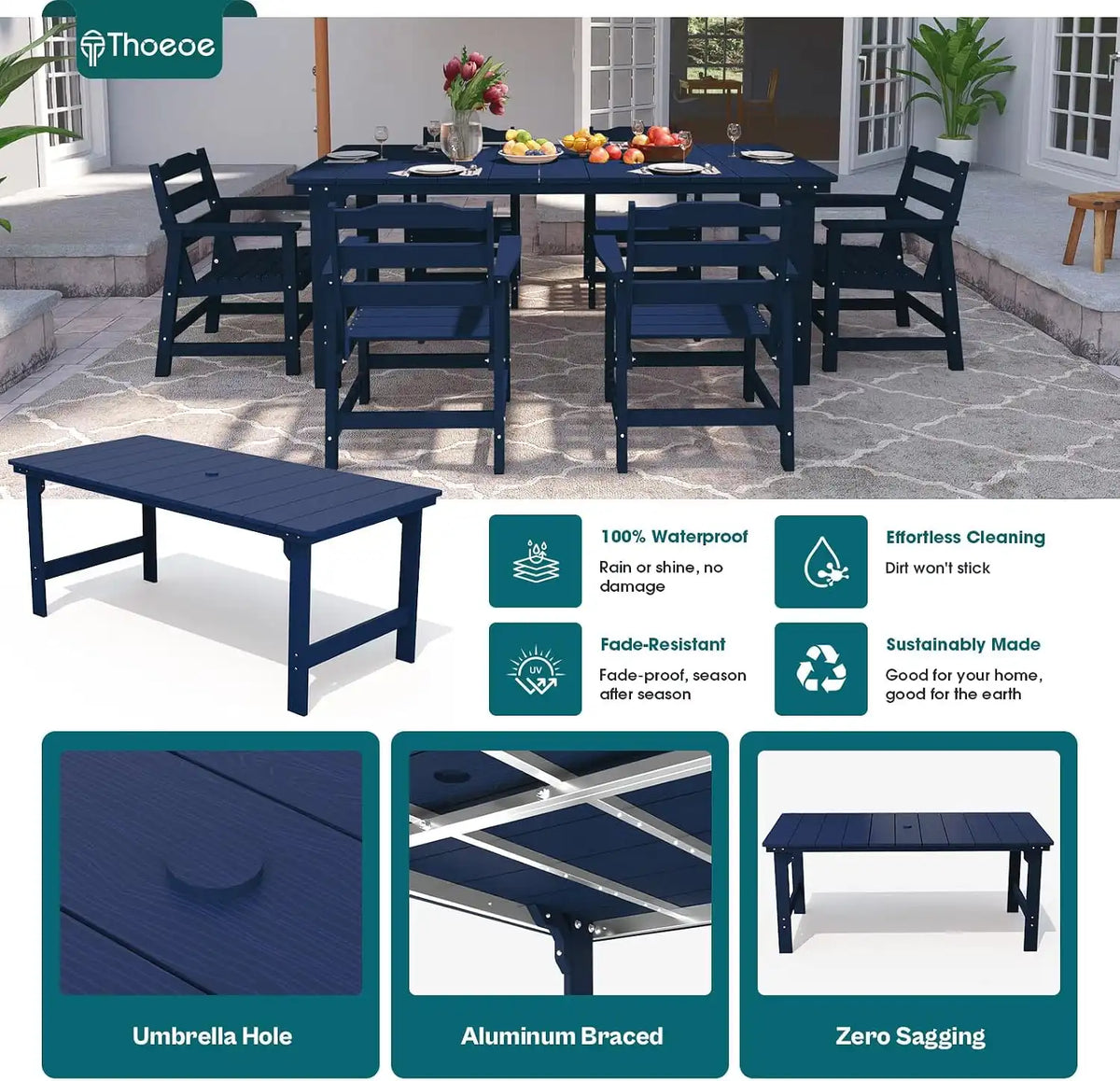 THOEOE Outdoor Dining Chair Set of 2, HDPE Patio Armchairs Navy Blue
