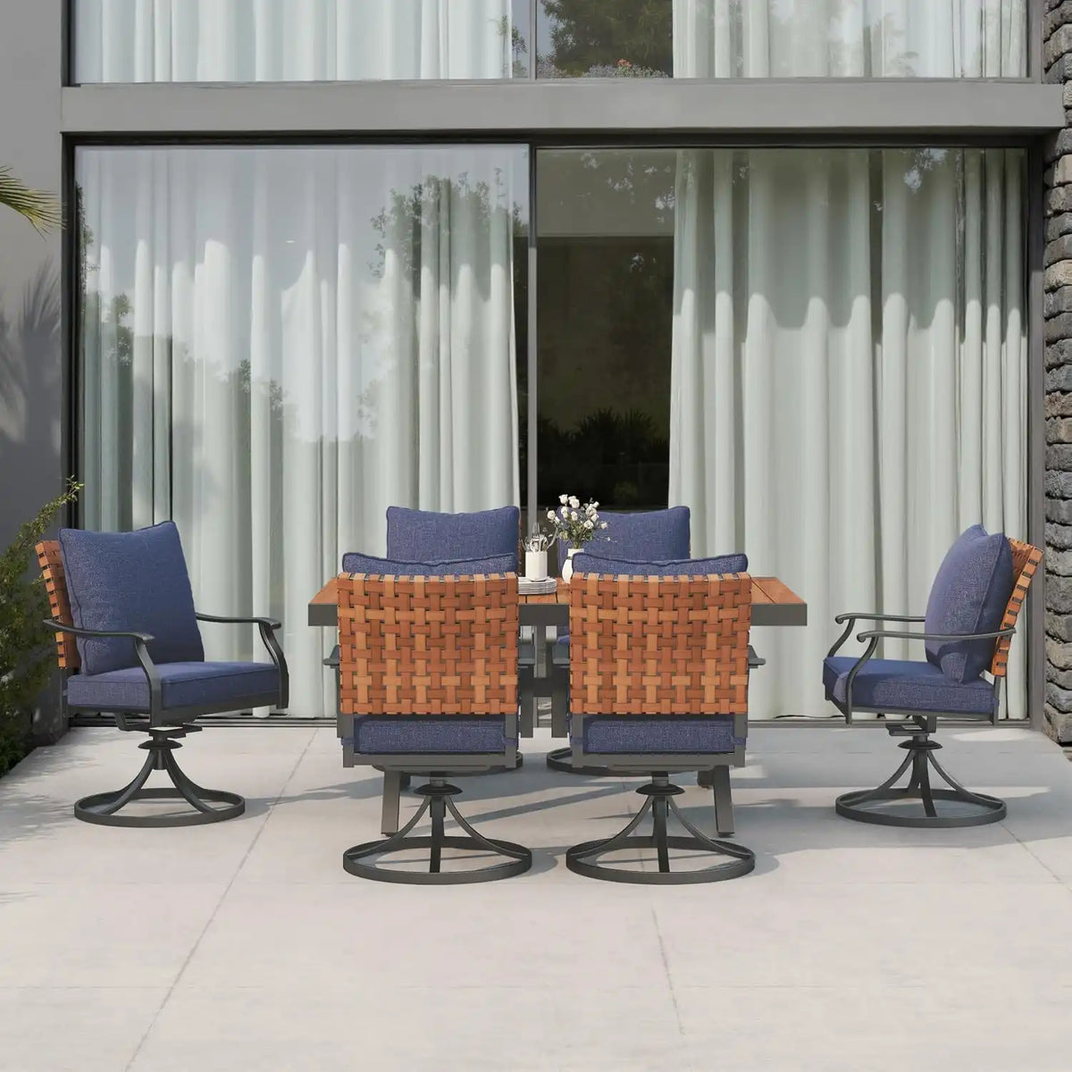 Grand patio 7-Pc Outdoor Swivel Dining Set, 6 Blue Chairs + Table, Brown