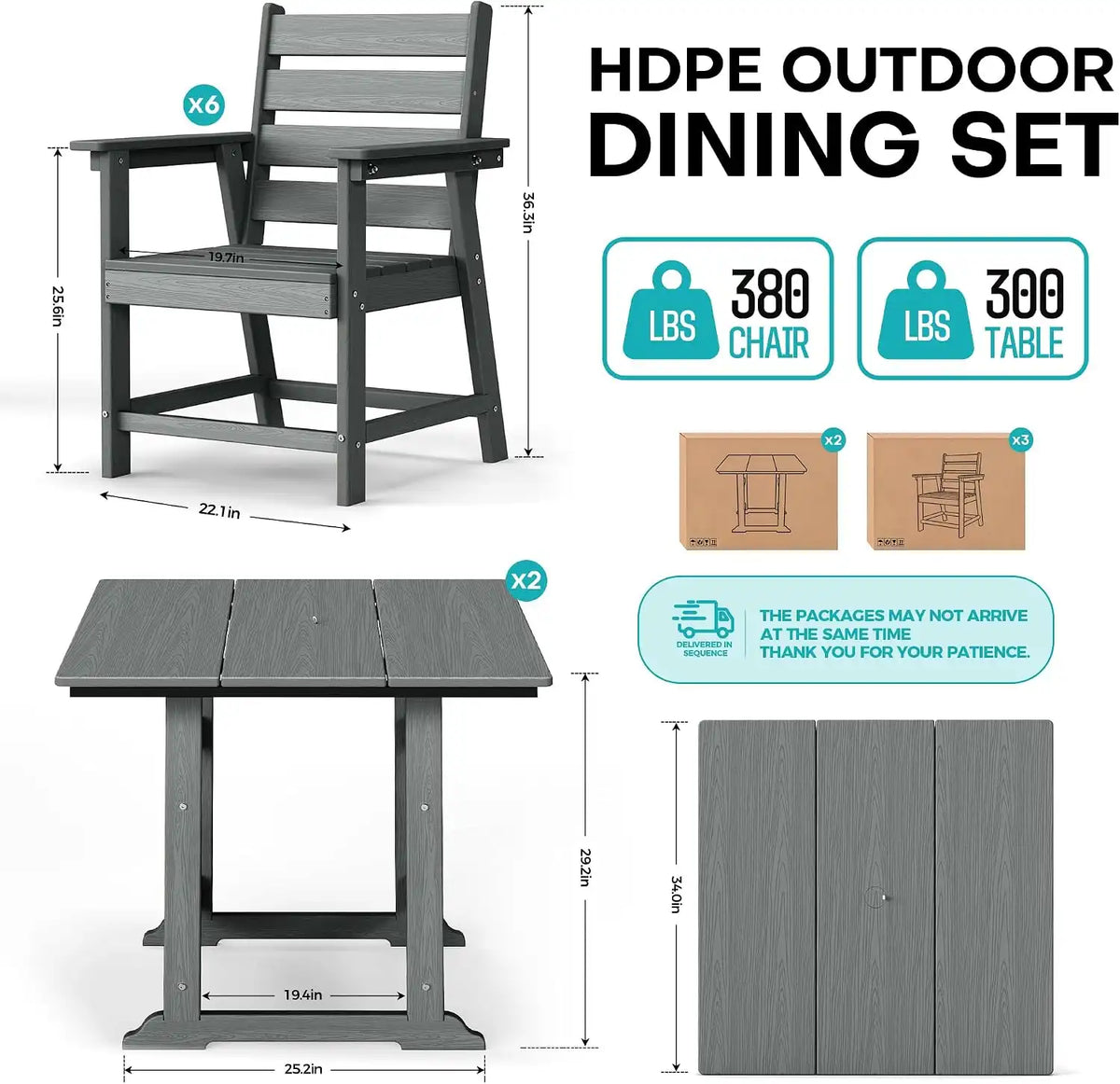 HDPE Outdoor Dining Set, Patio Dining Set of 8, Gray