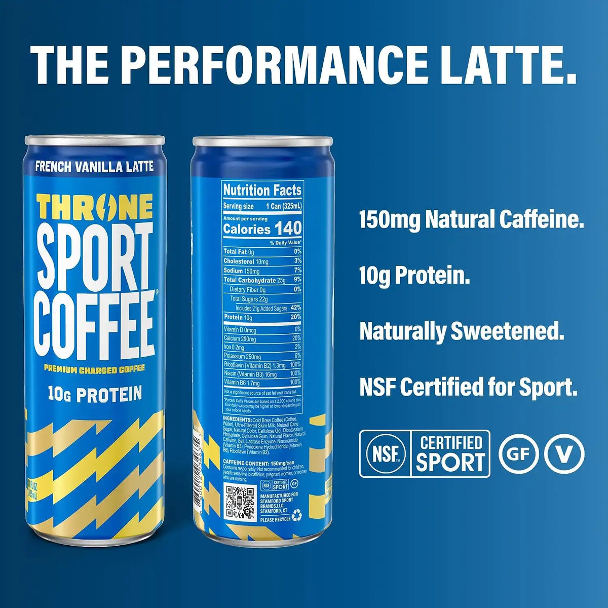 Throne Sport Coffee French Vanilla Latte, 10g Protein, 150mg Caffeine, 12Pk