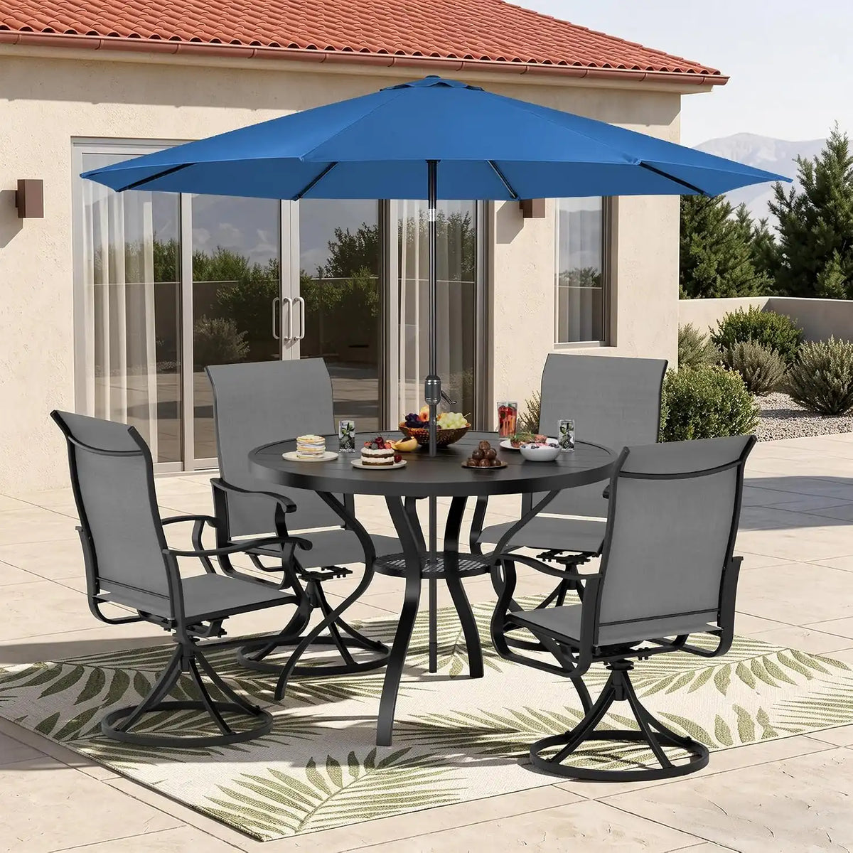 SUNCROWN 6-Piece Outdoor Dining Set, All Weather Patio Furniture Sets with 4 Dark Gray Swivel Textilene Mesh Chairs & Round Metal Table & 1 Dark Blue 9Ft Umbrella for Deck Garden Backyard Poolside