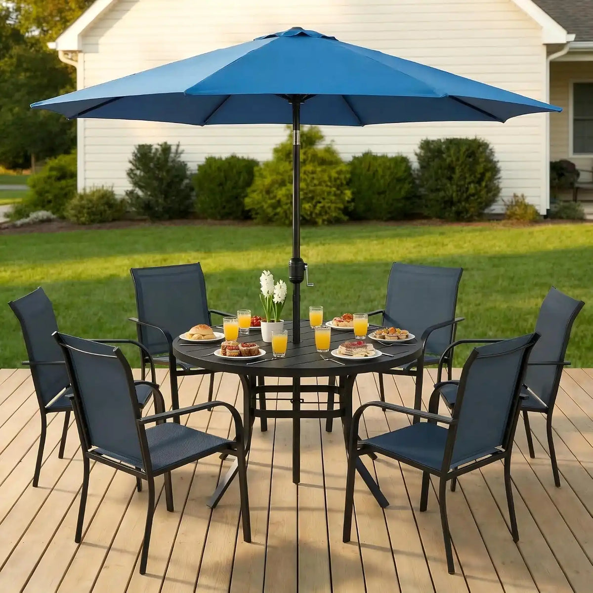 SUNCROWN 8 - Piece Outdoor Dining Set, Patio Furniture Set with 6 Textilene Dinning Chairs, 53" Metal Round Table and 1 Dark Blue 9Ft Patio Umbrella for Lawn Garden Backyard Deck, Blue