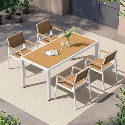 Vexwalx Outdoor Dining Set, Aluminum Dining Table Set for 4, Patio Table and Chairs Set with Umbrella Hole, All Weather HDPS Outdoor Table and Chairs for 4 (5-Piece, White-Teak)