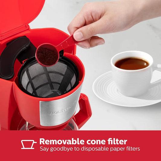 Holstein Housewares - 5 Cup Drip Coffee Maker - Convenient and User Friendly with Permanent Filter, Borosilicate Glass Carafe, Water Level Indicator, Auto Pause/Serve and Keep Warm Functions, Red