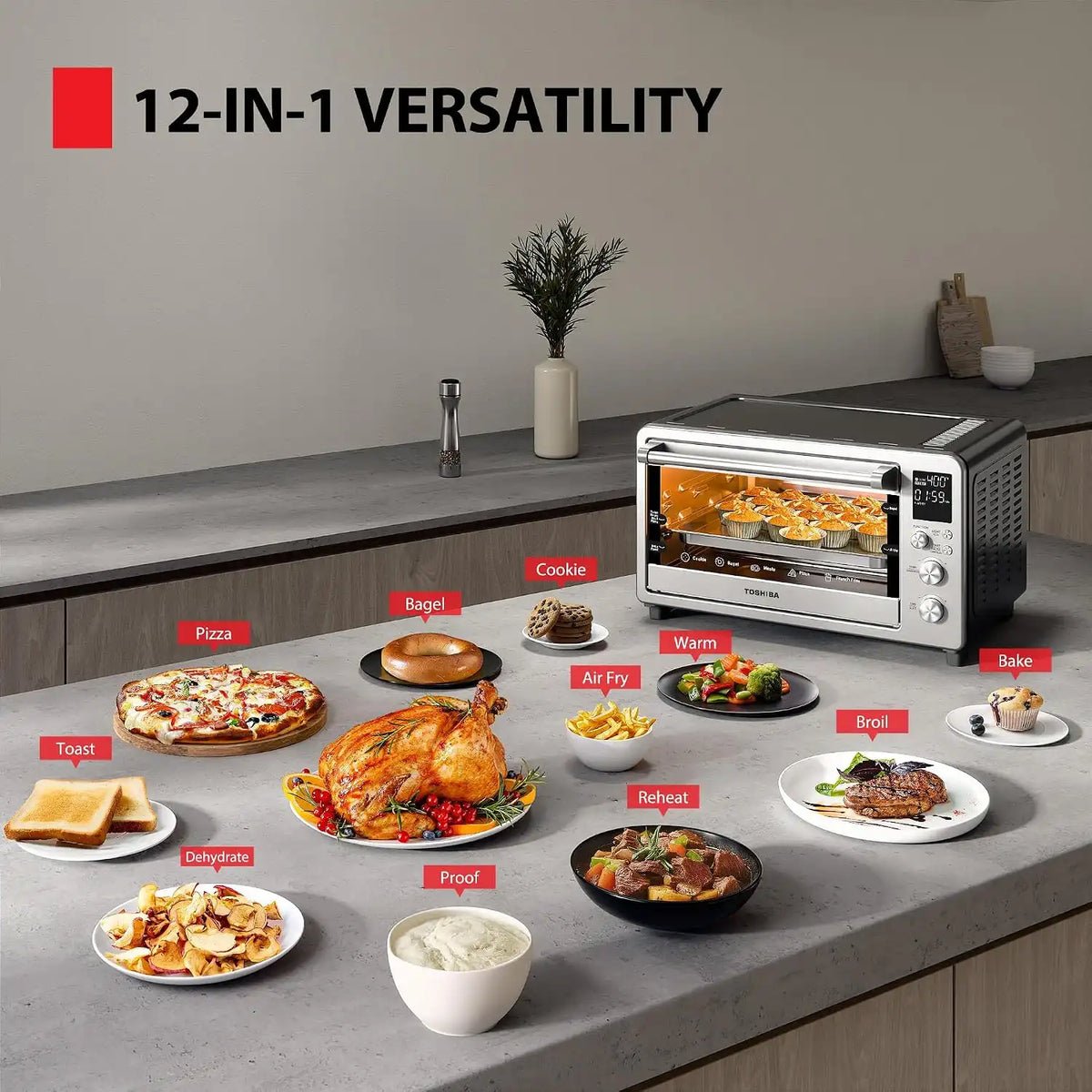 TOSHIBA ChefFry Air Fryer Toaster Oven Combo, 26.4-Quart, Stainless Steel
