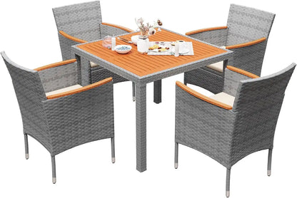 Devoko 5 PCS Acacia Wood Patio Dining Set, Gray Rattan