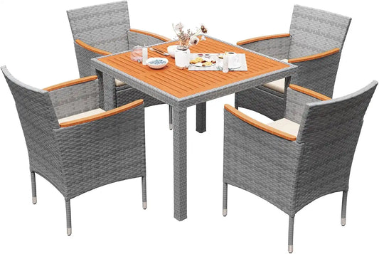 Devoko 5 PCS Acacia Wood Patio Dining Set, Gray Rattan