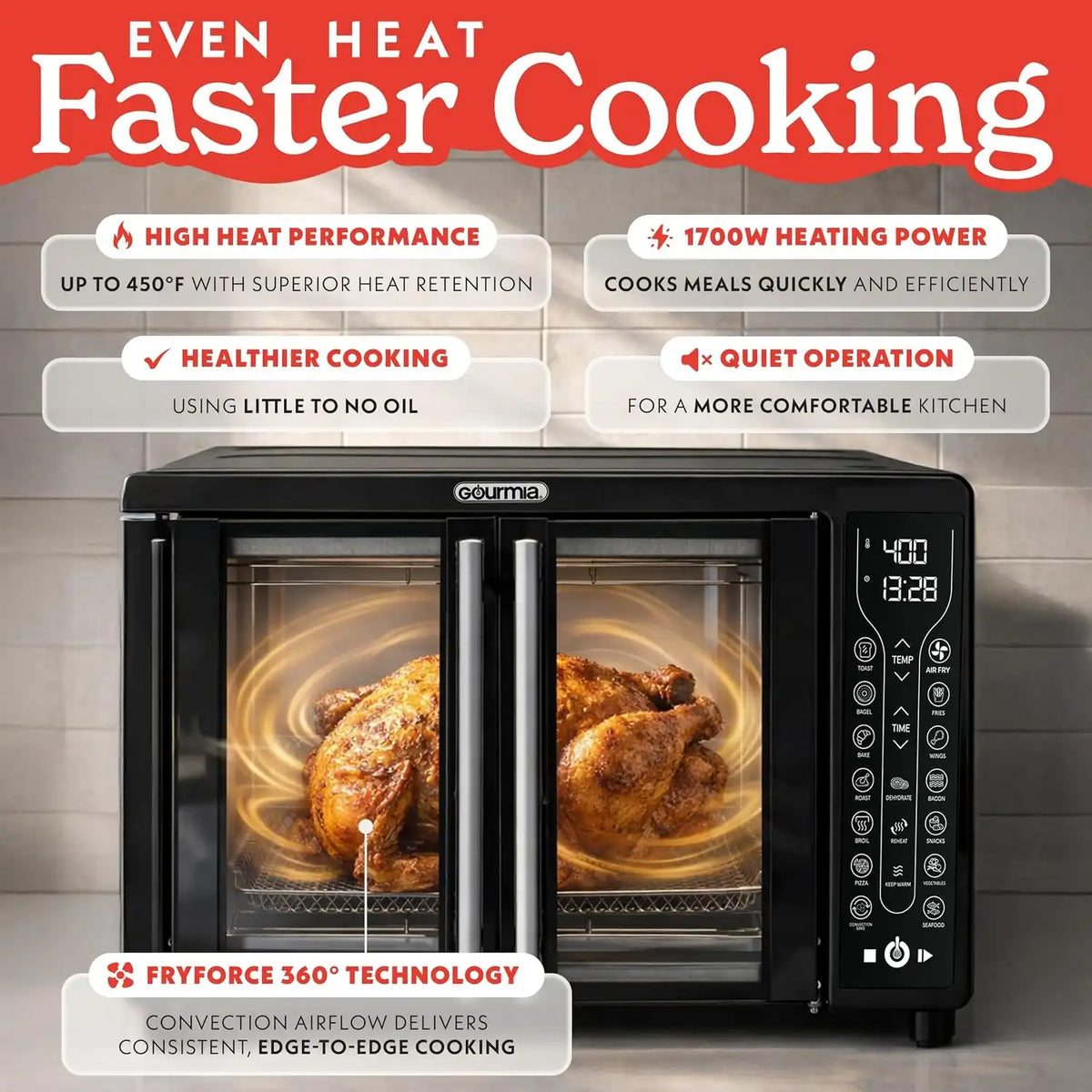 Gourmia Toaster Oven - 6-Slice Capacity, Digital Display, Black