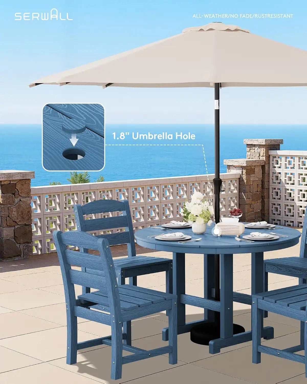 SERWALL 5-Piece Patio Dining Set, 45" Table & 4 Armless Chairs, Navy