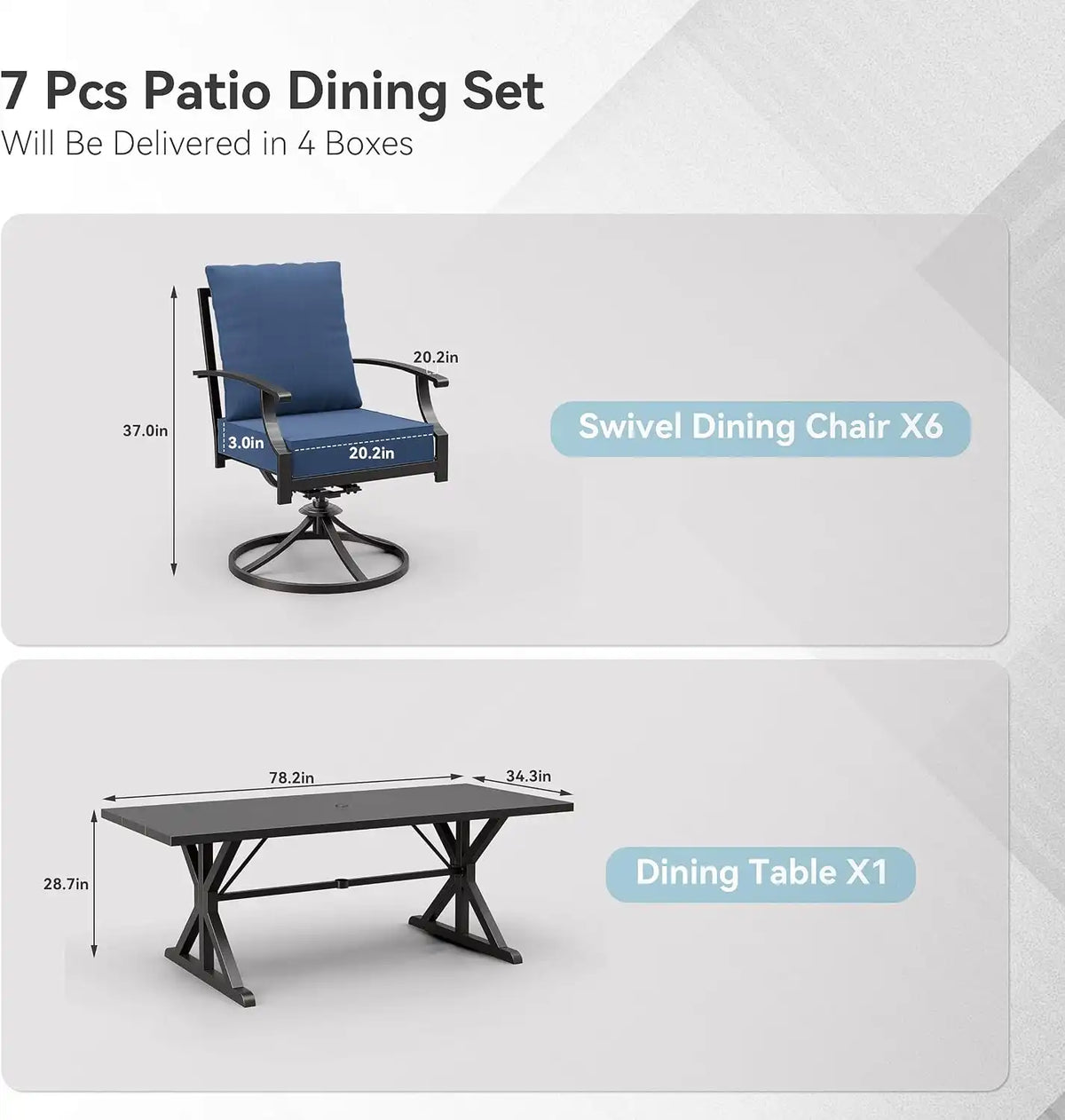 ALAULM 7-Piece Patio Dining Set,Outdoor Metal Dining Set with 6 Swivel Chairs & Rectangle Table with 1.5 Umbrella Hole, Patio Dining Table and Chairs for Backyard,Navy