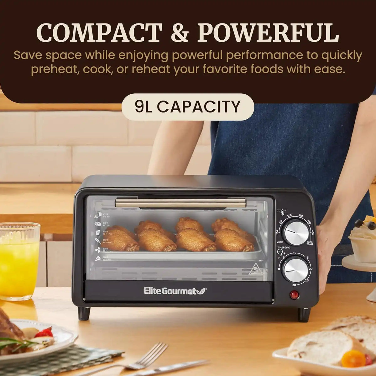 Elite Gourmet ETO449 Toaster Oven, 9.5Qt/4-Slice, 800W Quartz, Black