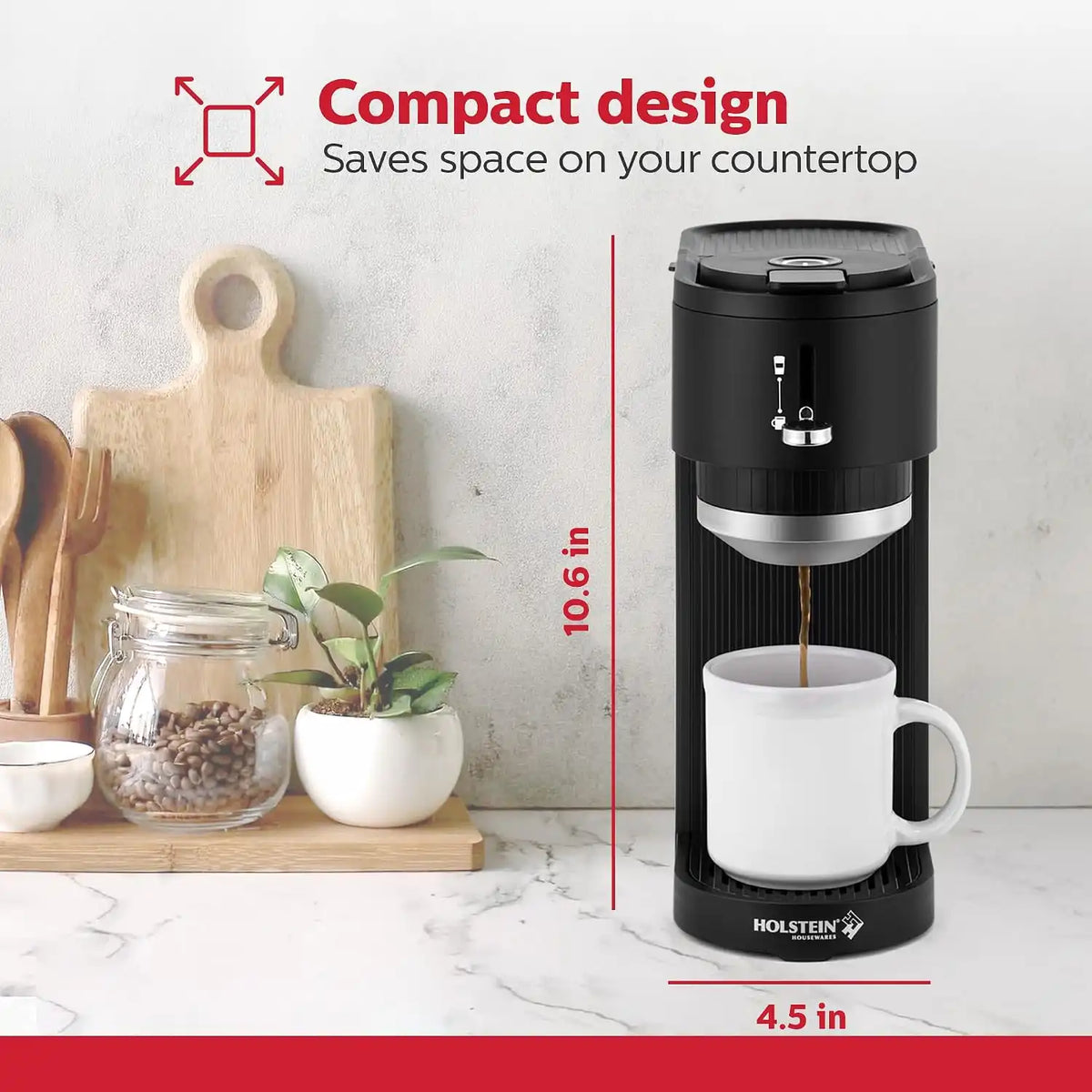 Holstein Housewares 2-in-1 Single Serve Coffee Maker, Dual Brew, Compatible with K-Cup® Pods & Ground Coffee, Reusable Filter Included, Compact Drip Coffee Machine, 14oz Tank, Fits Most Cups - Black