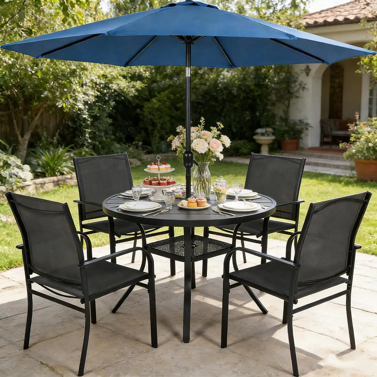 SUNCROWN 6 - Piece Outdoor Dining Set, Patio Furniture Set with 4 Textilene Dinning Chairs, 41" Metal Round Table and 1 Dark Blue 9Ft Patio Umbrella for Lawn Garden Backyard Deck, Black