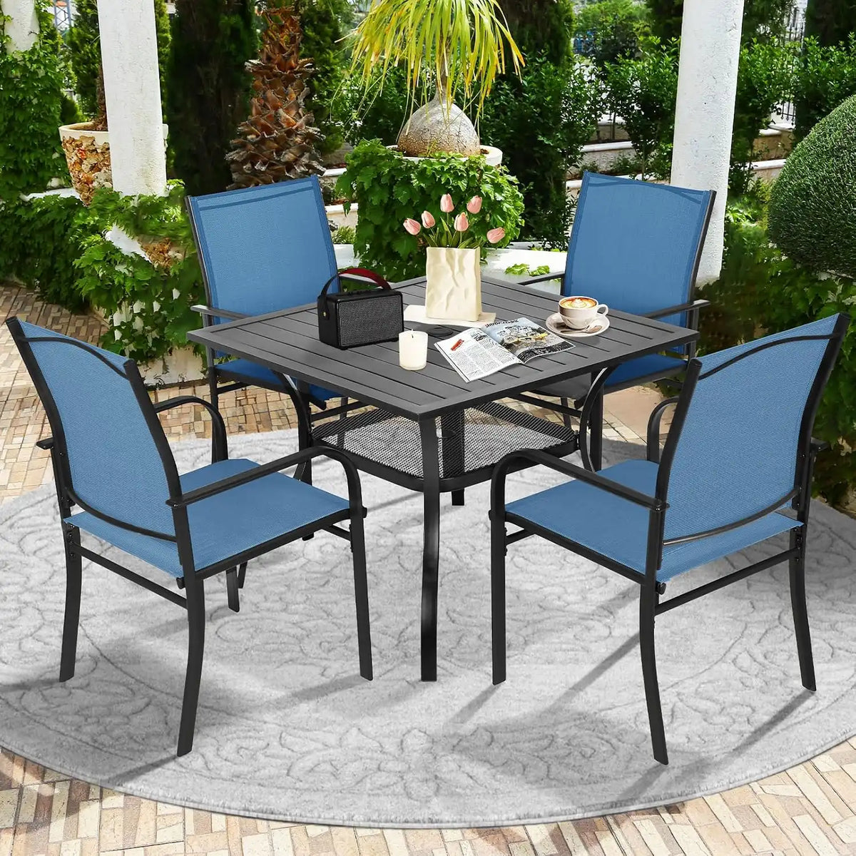 SUNCROWN 6 - Piece Outdoor Dining Set, Patio Furniture Set with 4 Textilene Dinning Chairs, 1 Steel Slat Metal Bistro Table and 1 Sky Blue 9Ft Patio Umbrella for Lawn Garden Backyard Deck, Blue