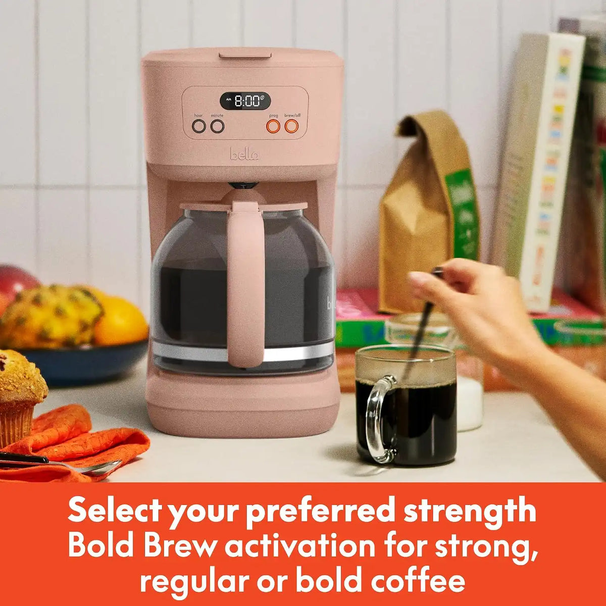 BELLA 12 Cup Programmable Coffee Maker, Reusable Dishwasher Safe Accessories, Easy LCD display, Auto Shutoff, 900 watt, Blossom