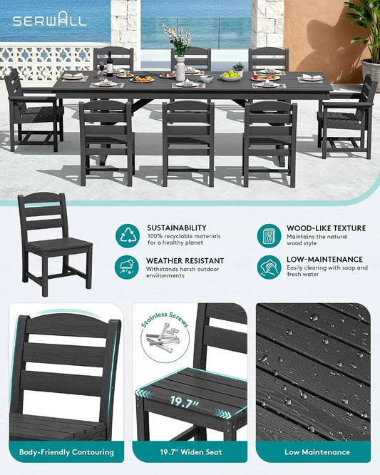 SERWALL 9Pcs HDPE Outdoor Dining Set w/6 Armless, 2 Armchairs for 8,Black