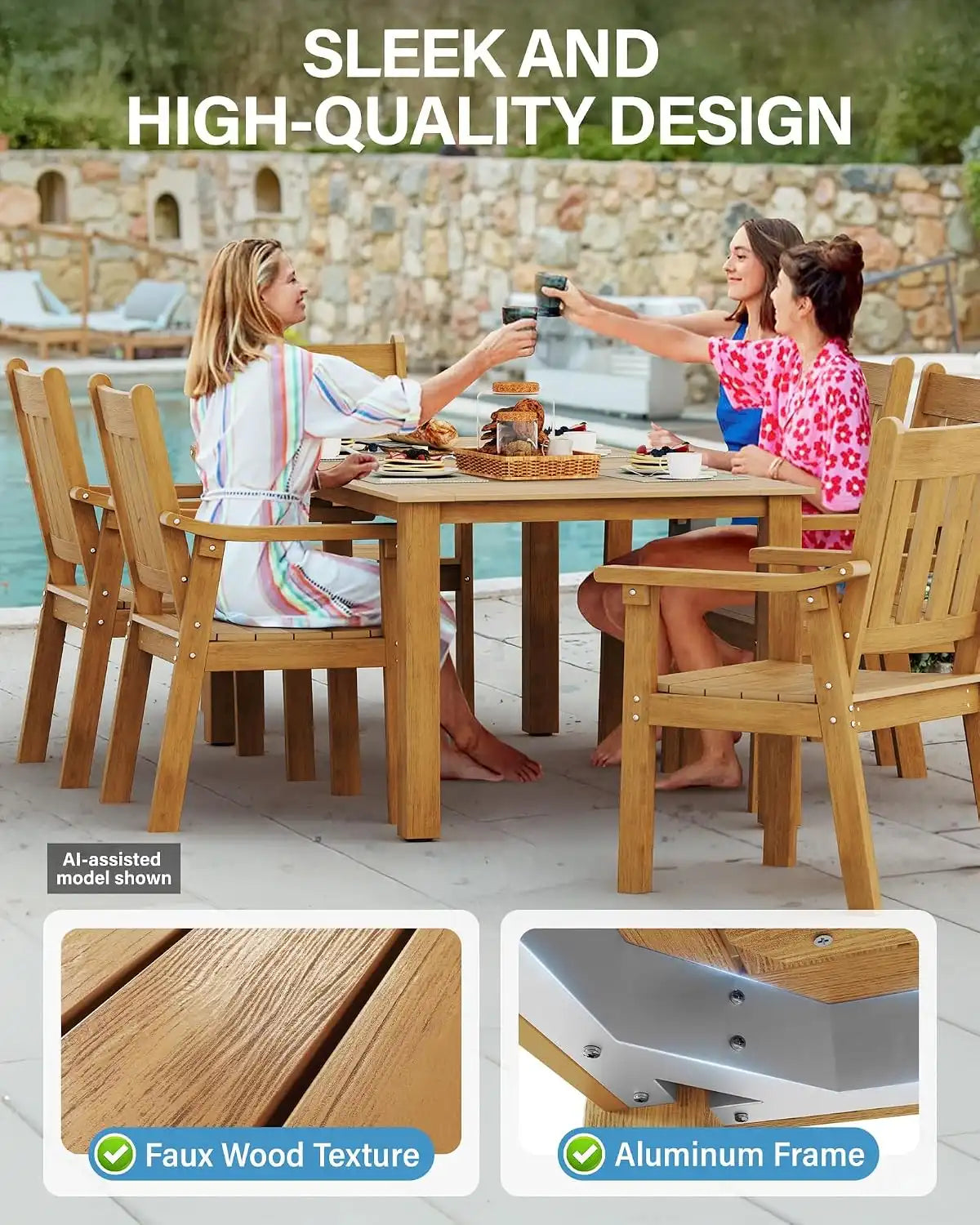 YEFU Outdoor Dining Table for 6, All-Weather HIPS, Aluminum Frame, Teak