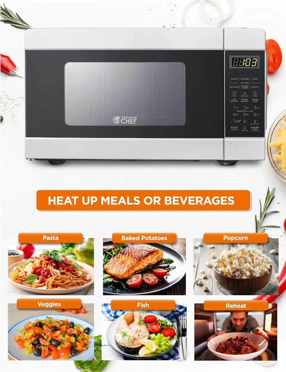 Commercial Chef 0.9 Cu. Ft. Countertop Microwave Oven, CHM990W, White
