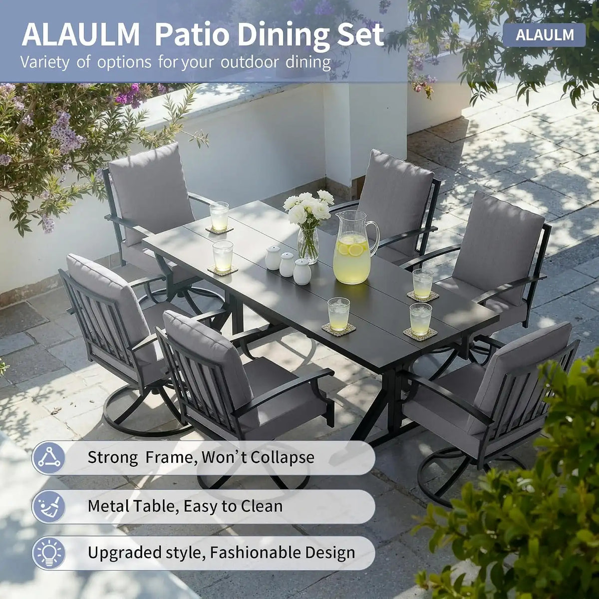 ALAULM 7-Piece Patio Dining Set,Outdoor Metal Dining Set with 6 Swivel Chairs & Rectangle Table with 1.5 Umbrella Hole, Patio Dining Table and Chairs for Backyard, Grey
