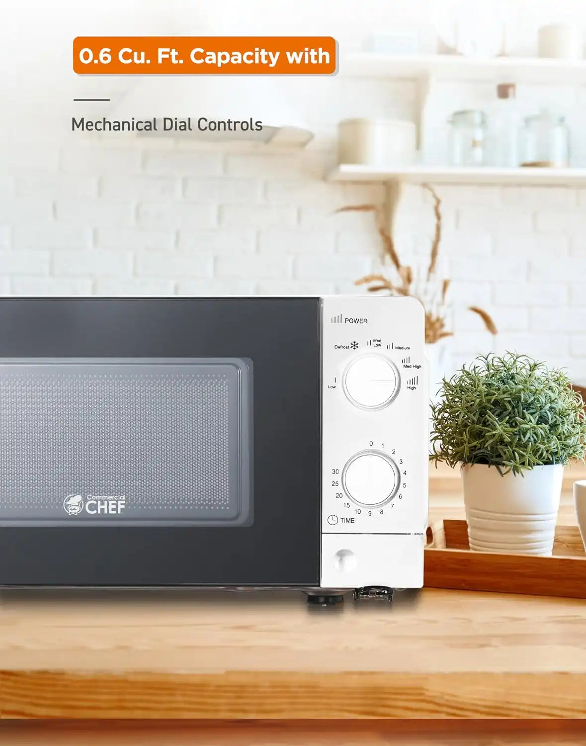 Commercial Chef 0.6 Cu. Ft. Countertop Microwave Oven, Mechanical Dial Controls, 700W, Pull Handle Door, 6 Power Levels, CHM660W, White