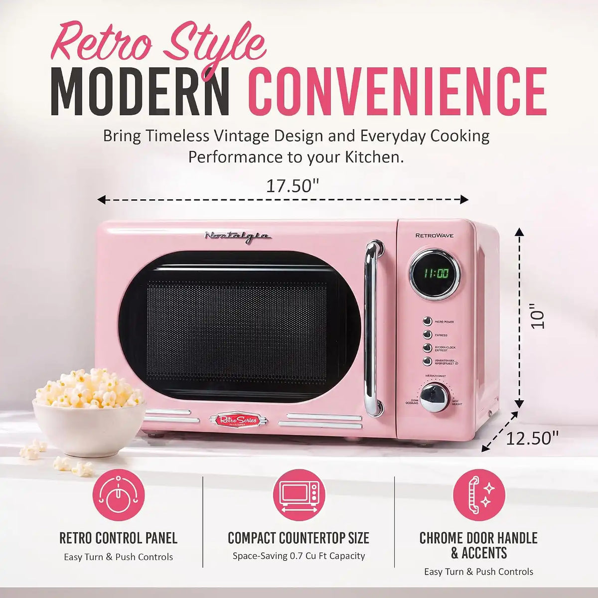 Nostalgia Countertop Microwave Oven with Easy Clean Interior - Retro Microwave with LED Display & Child Lock- Compact 0.7 Cu. Ft. Oven With 12 Pre-Programmed Settings for Quick Cooking- 700-Watts-Pink