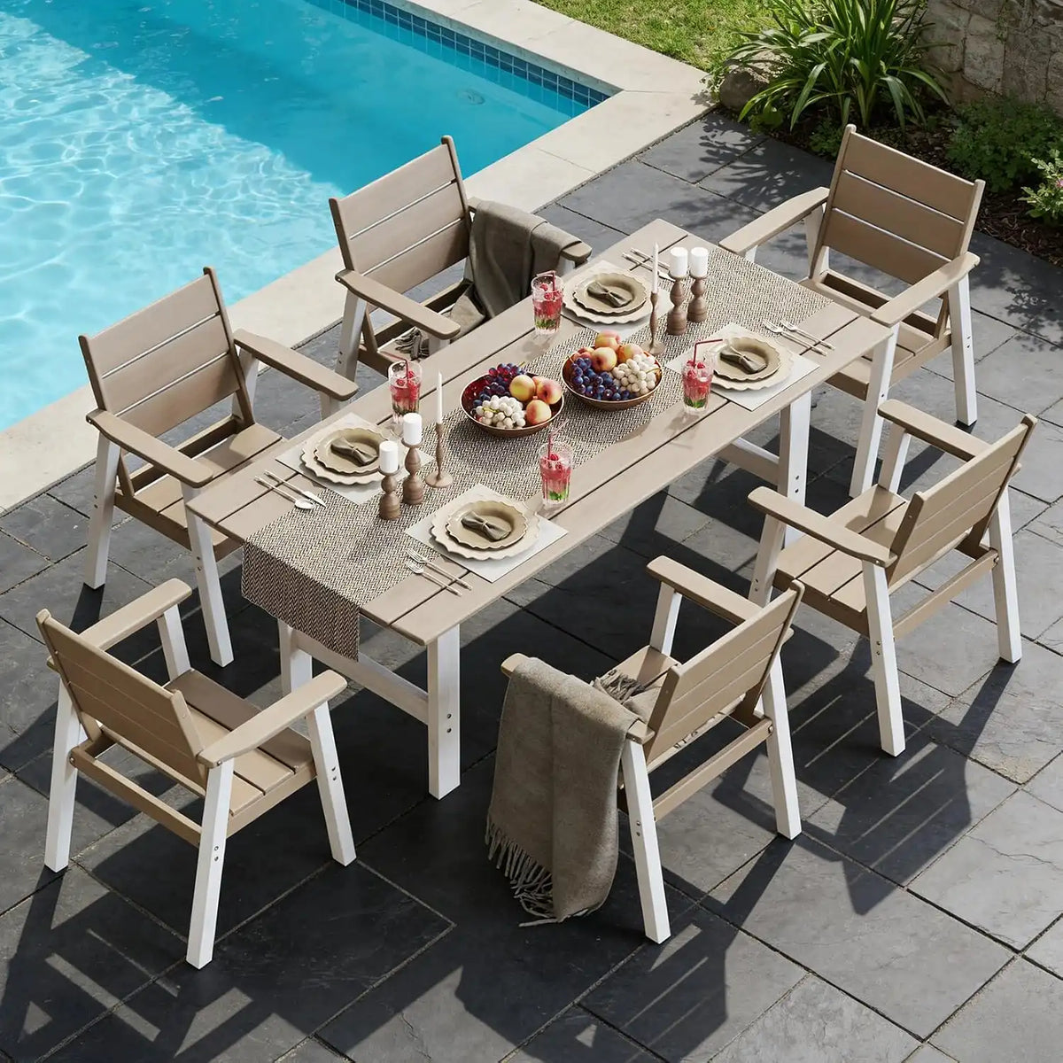 Outdoor Dining Chairs Set of 2,HDPE Patio Chairs with Wide Seat,Ergonomic Design Outdoor Furniture for Porch,Backyard,Deck,White Brown