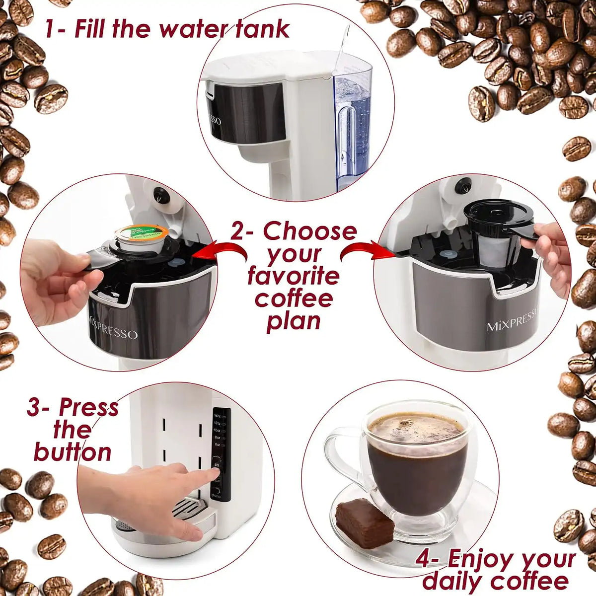 Mixpresso White Single Serve Coffee Brewer K-Cup Pods Compatible & Ground