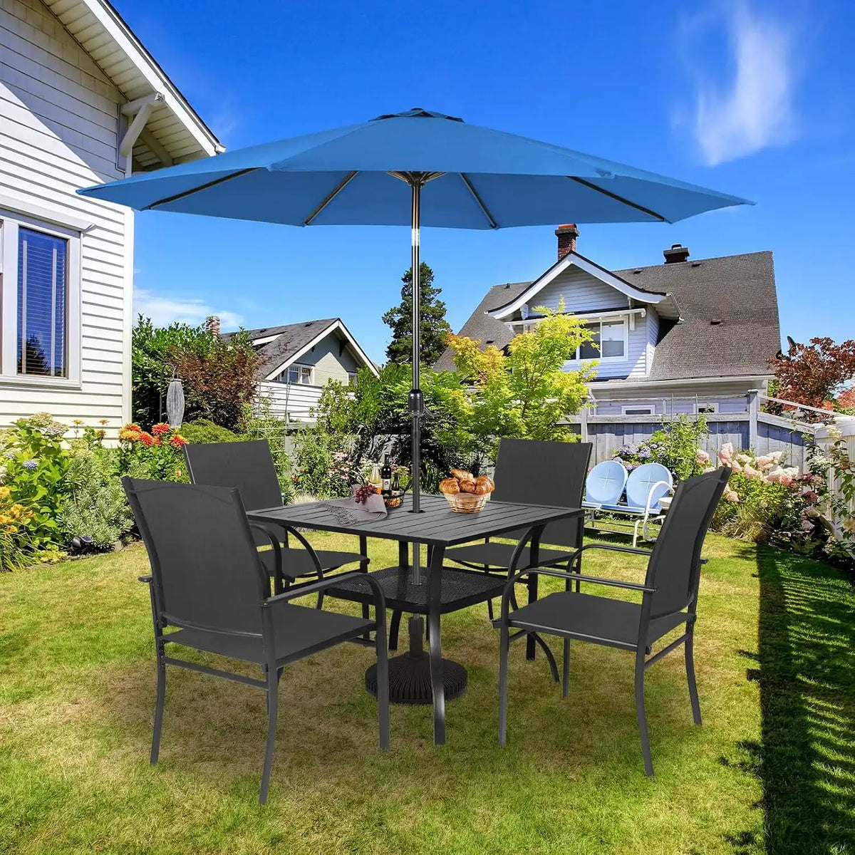 SUNCROWN 6 - Piece Outdoor Dining Set, Patio Furniture Set with 4 Textilene Dinning Chairs, 1 Steel Slat Metal Bistro Table and 1 Dark Blue 9Ft Patio Umbrella for Lawn Garden Backyard Deck, Black