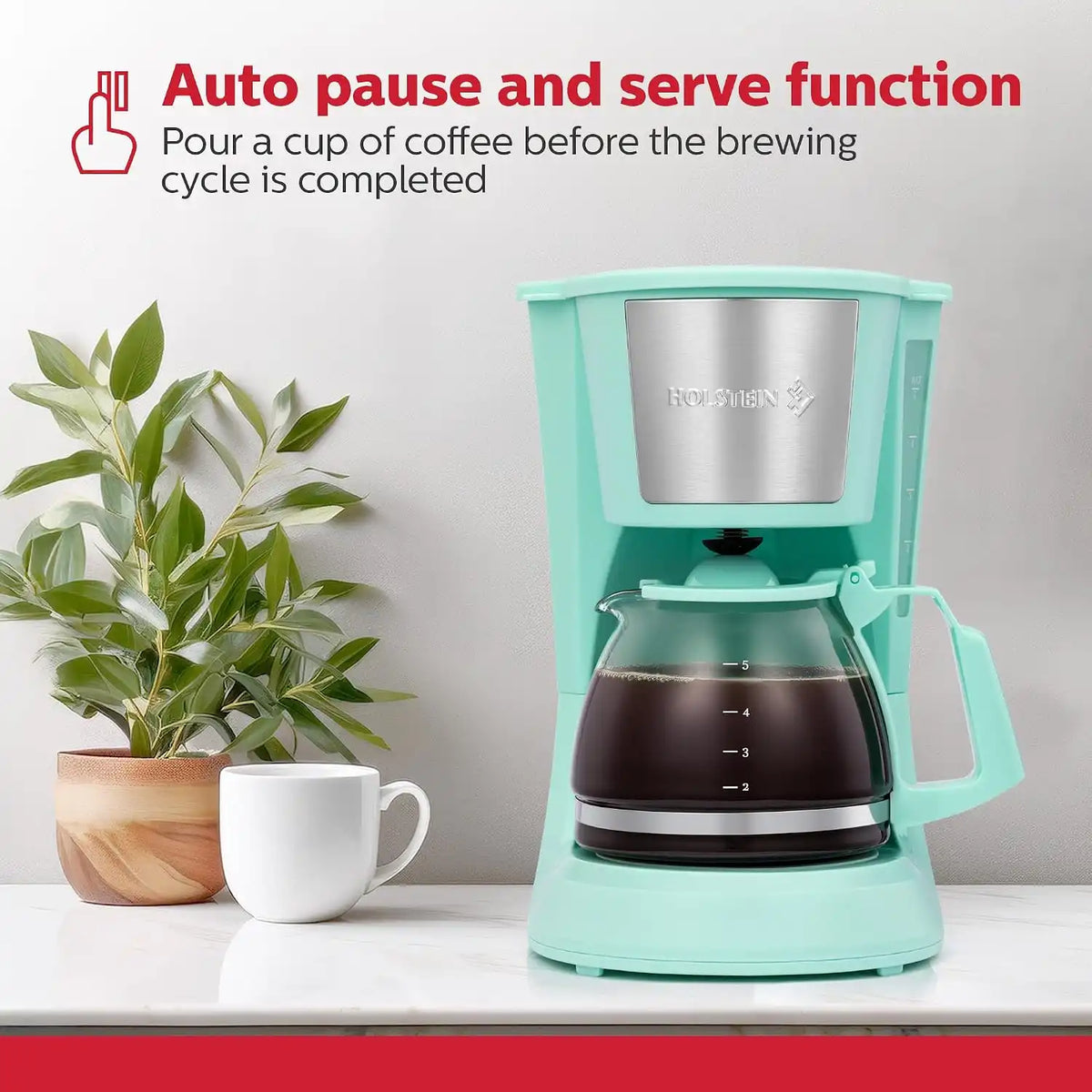 Holstein Housewares 5 Cup Drip Coffee Maker – Compact and User-Friendly with Auto Pause & Serve, Reusable Filter, Measuring Spoon & Glass Carafe, Office & Dorm Use, Mint