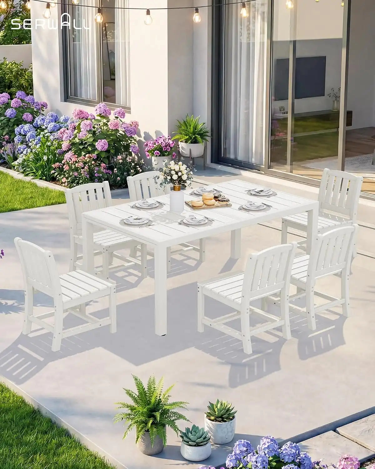 SERWALL Outdoor Dining Table and Chairs for 6, White