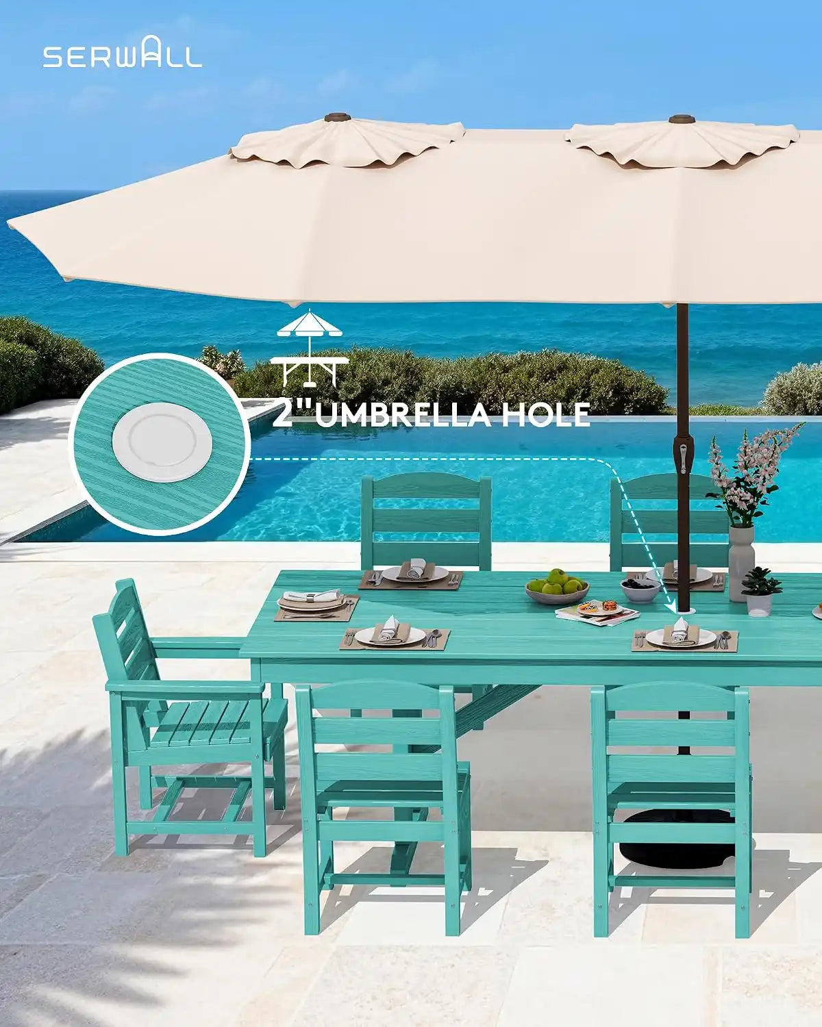 SERWALL 9Pcs HDPE Outdoor Dining Set w/6 Armless, 2 Armchairs for 8, Aruba