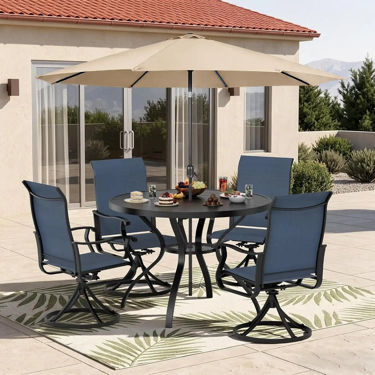 SUNCROWN 6-Piece Outdoor Dining Set, All Weather Patio Furniture Sets with 4 Dark Blue Swivel Textilene Mesh Chairs & Round Metal Table & 1 Brown 9Ft Umbrella for Deck Garden Backyard Poolside