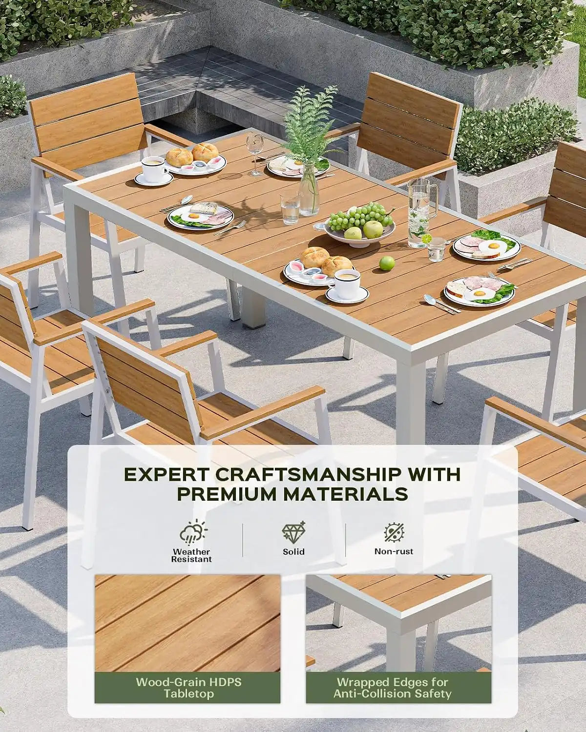 Vexwalx Outdoor Dining Set, HDPS + Aluminum Patio Dining Chairs with Ergonomic Design and Wide Seat, 2 Piece Outdoor Chairs for Garden, Backyard, Deck (2-Piece, White-Teak)