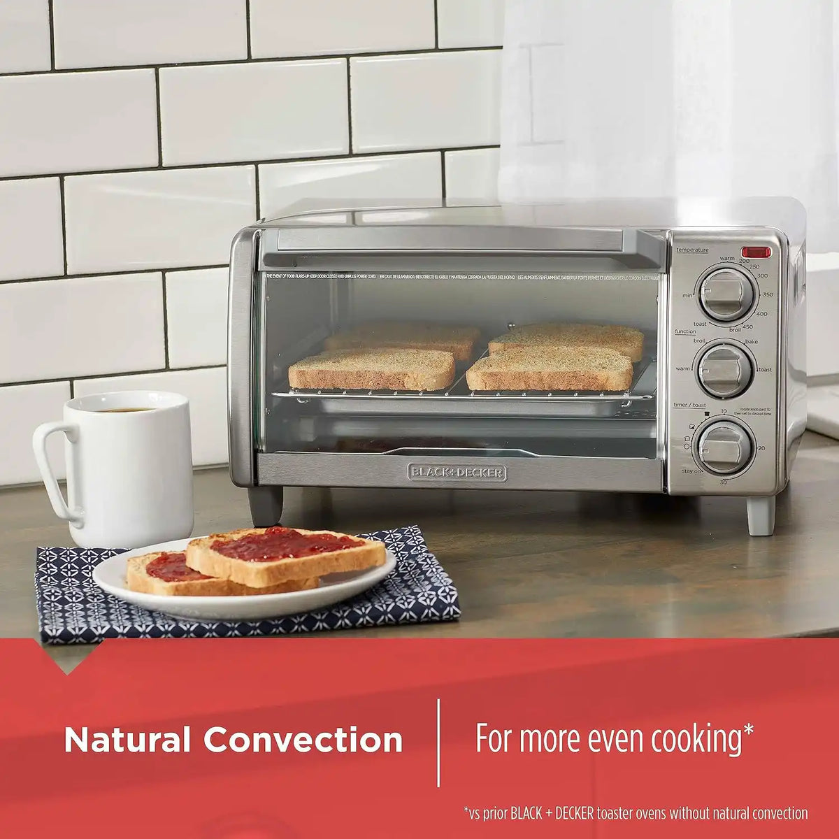 BLACK+DECKER 4-Slice Toaster Oven, TO1745SSG, Even Toast, 4 Cooking Functions Bake, Broil, Toast and Keep Warm, Removable Crumb Tray, Timer