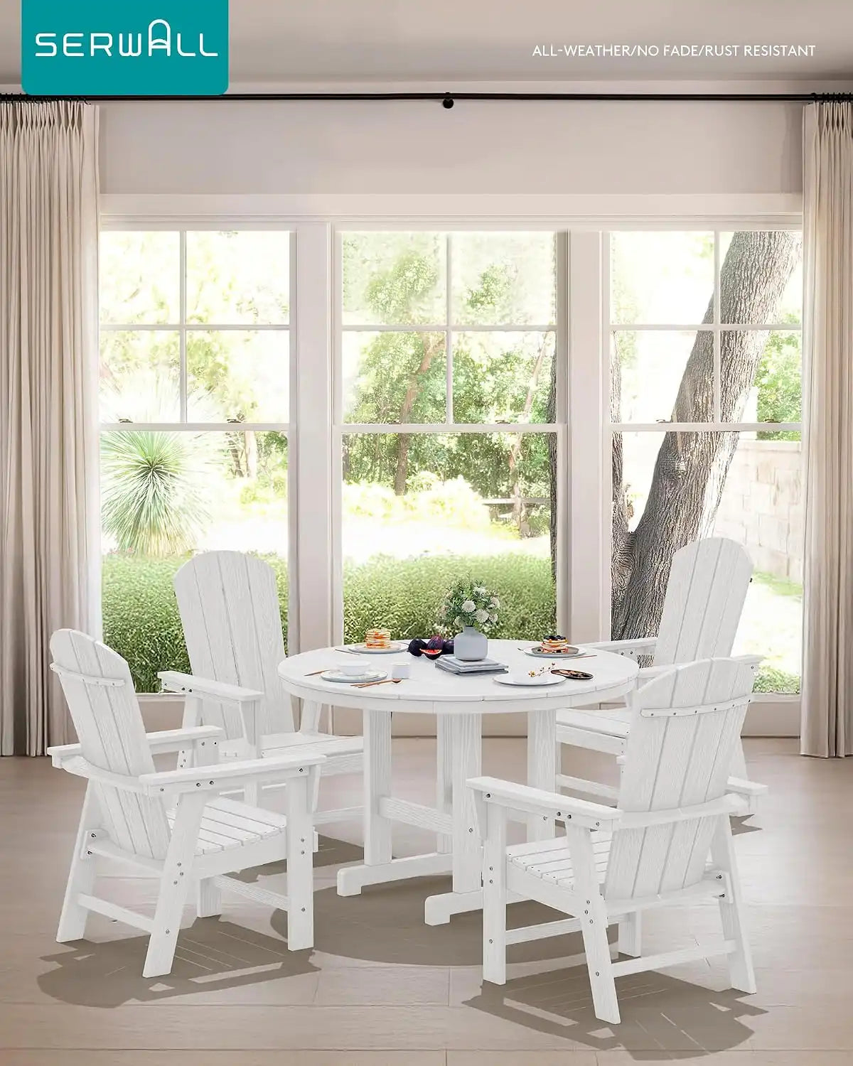 SERWALL 5-Piece Patio Dining Set, 45" Table & 4 Adirondack Chairs, White