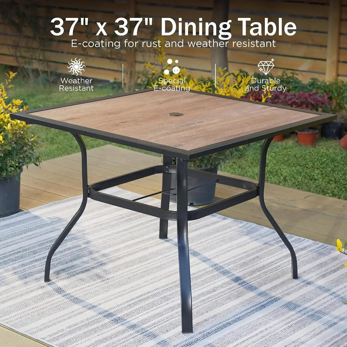 PHI VILLA Patio Dining Set, Square Metal Table