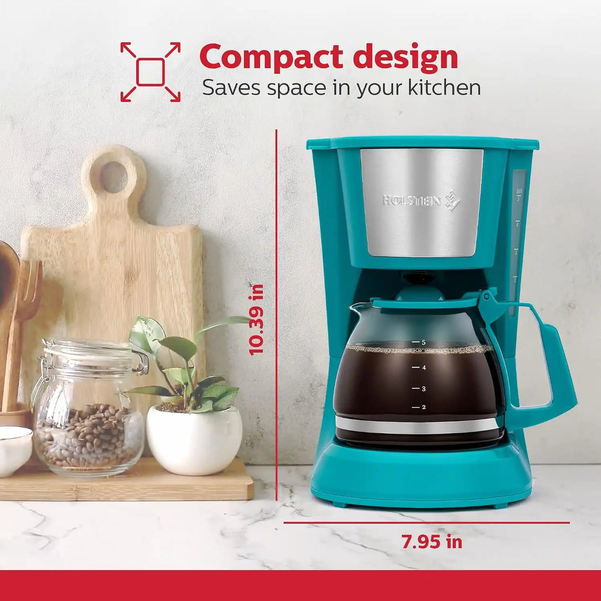 Holstein Housewares 5 Cup Drip Coffee Maker – Compact and User-Friendly with Auto Pause & Serve, Reusable Filter & Glass Carafe, Office & Dorm Use, Teal