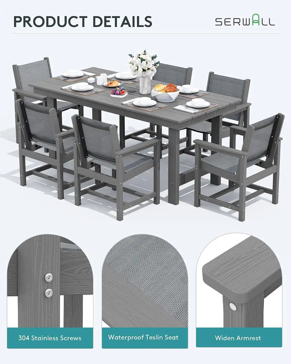 SERWALL 5 Pcs HDPE Patio Dining Set, HDPE Dining Set for 4, Gray