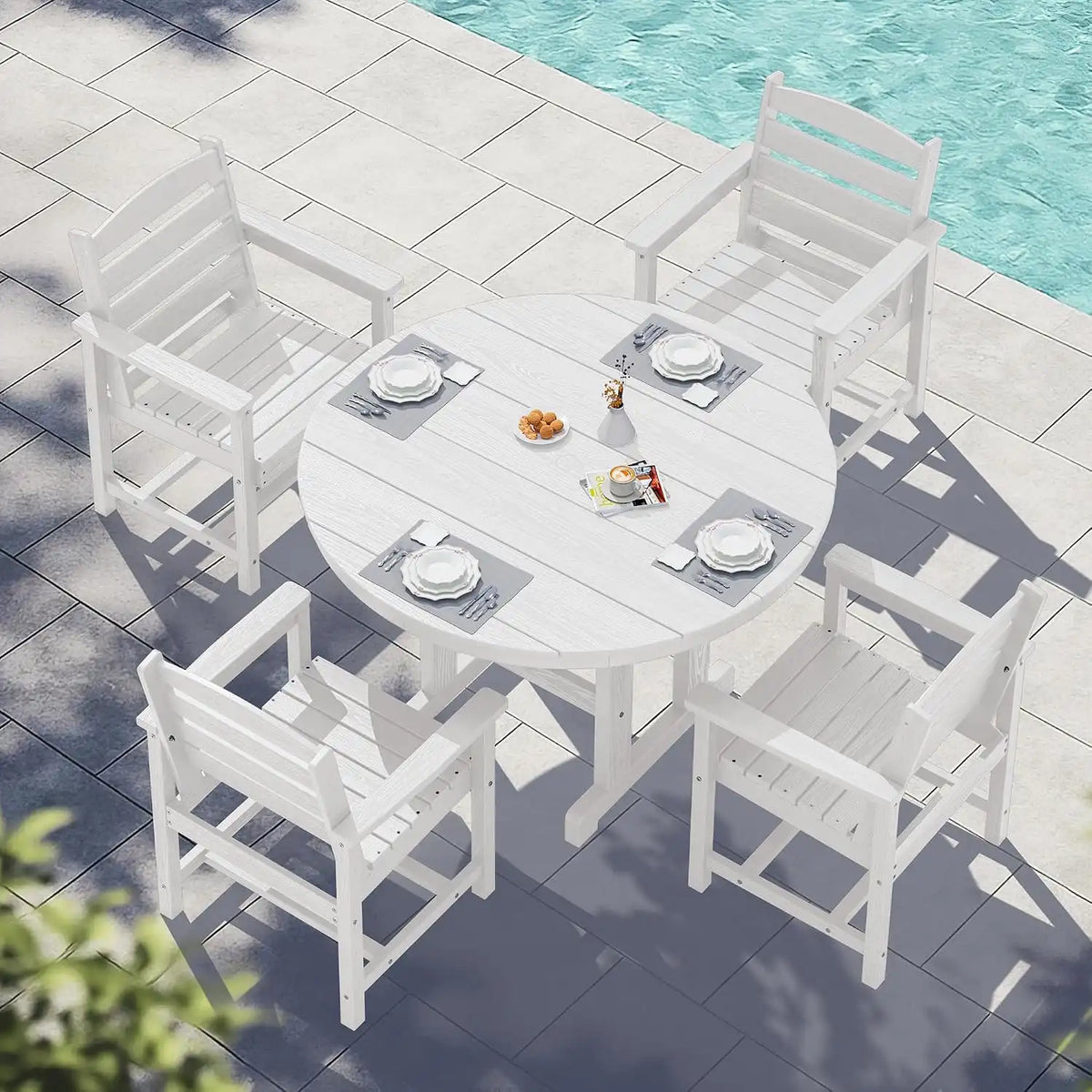 SERWALL 6-Pc Dining Set, 45" Table, 4 Chairs&9FT Umbrella, White (No Base)